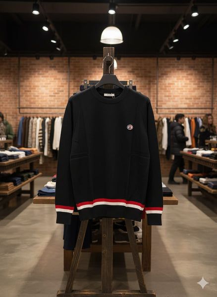 Men Premium Black Crewneck Sweater with Red and White Trim