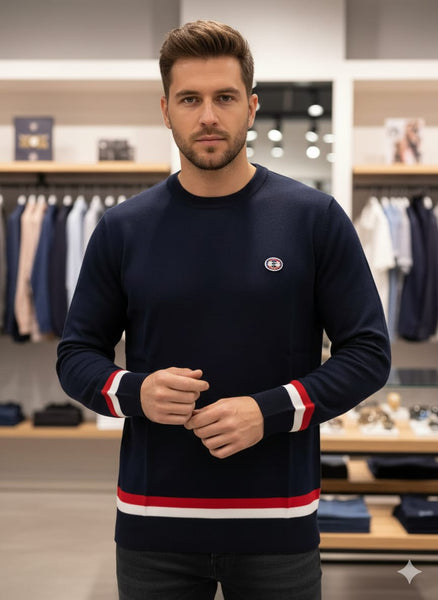 Men Navy Blue Crewneck Sweater with Red and White Trim