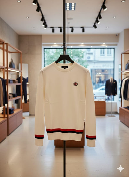 Men White Crewneck Sweater with Red and Black Trim