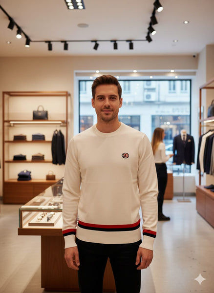 Men White Crewneck Sweater with Red and Black Trim