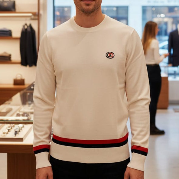 Men White Crewneck Sweater with Red and Black Trim