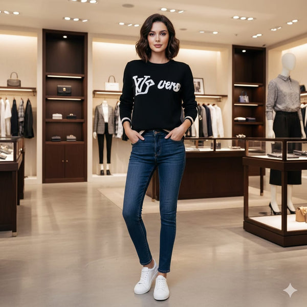 Women Black Pullover with Bold Graphic Design