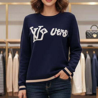 Women Navy Blue Pullover with Bold Graphic Design