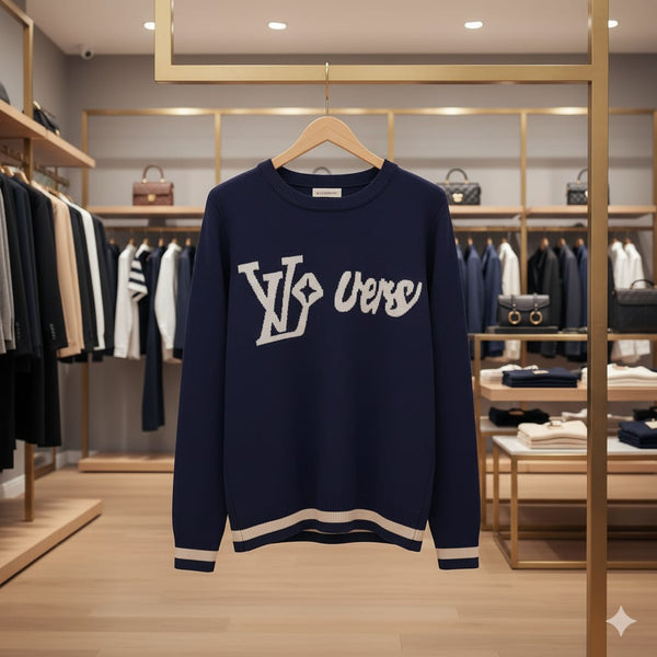 Women Navy Blue Pullover with Bold Graphic Design