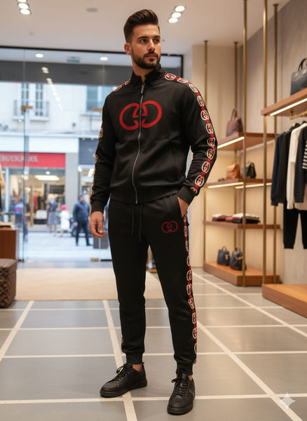 Men Premium Tracksuit – Black with Red Emblem Detailing