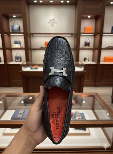 Premium Black Leather Shoes  with Signature Metal H Buckle