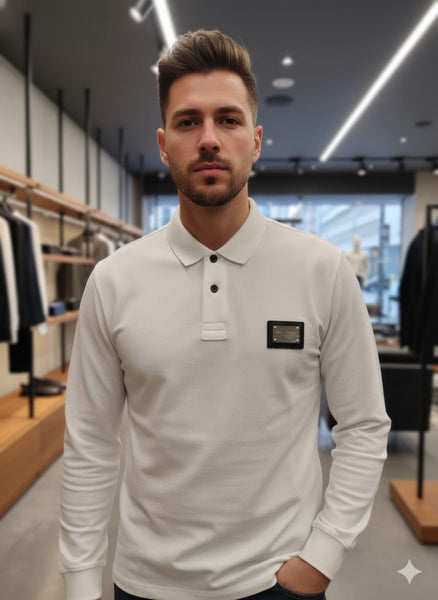 Premium Designer White  Long-Sleeve Polo Shirt