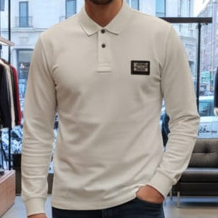 Premium Designer White  Long-Sleeve Polo Shirt