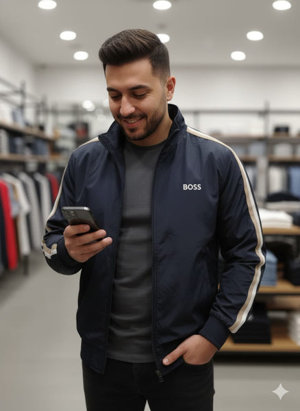 Luxury Navy Track Jacket with Contrast Stripe Details