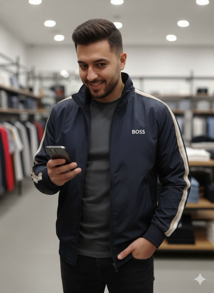 Luxury Navy Track Jacket with Contrast Stripe Details