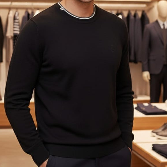 Classic Black Crewneck Sweater with Contrast Trim