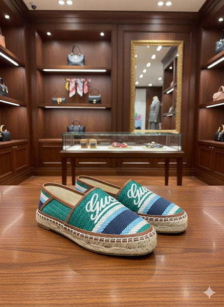 Premium Green Canvas Espadrilles with Script Logo & Striped Toe