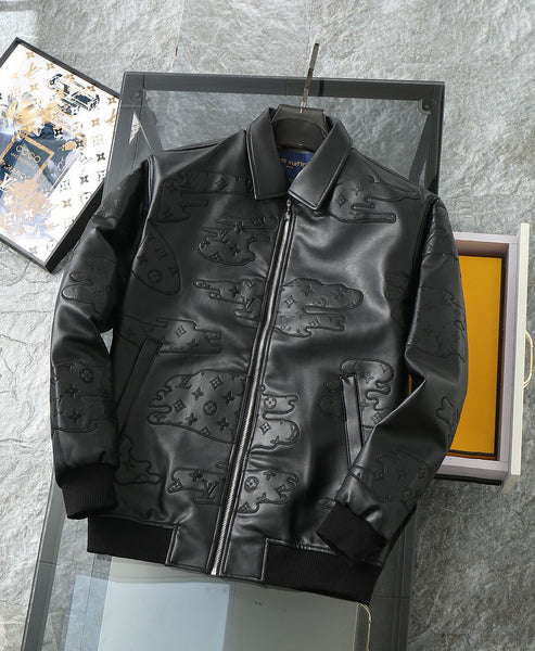 Designer Black Leather Jacket with Embossed Cloud Pattern