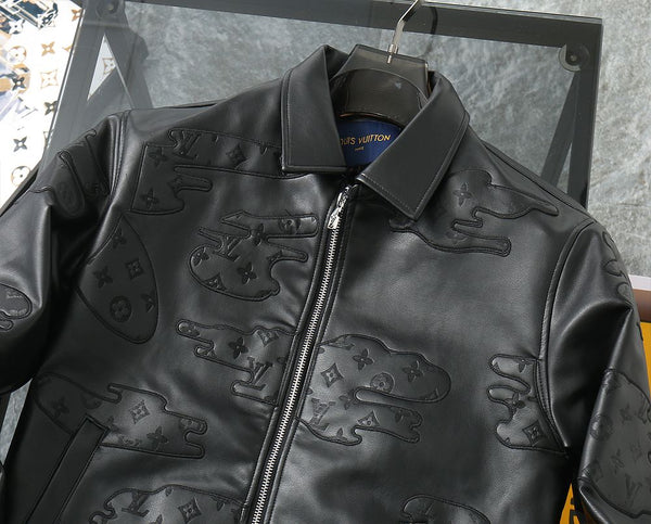 Designer Black Leather Jacket with Embossed Cloud Pattern