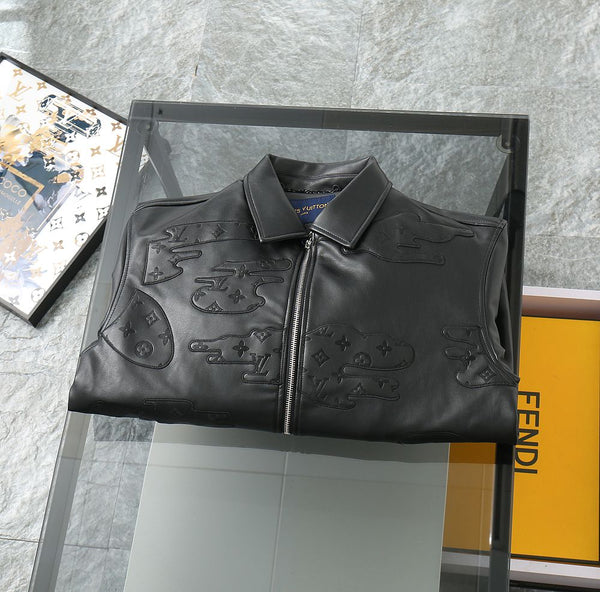 Designer Black Leather Jacket with Embossed Cloud Pattern