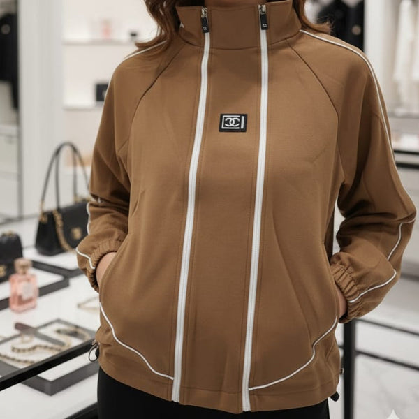 Premium Style Tan Track Jacket with White Piping