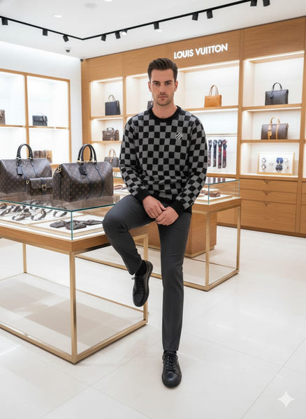 Knit Sweater with Checkerboard Pattern and Signature Logo