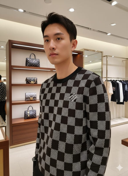 Knit Sweater with Checkerboard Pattern and Signature Logo