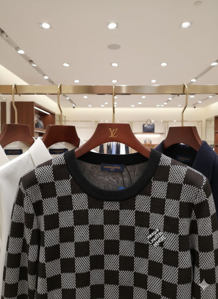 Knit Sweater with Checkerboard Pattern and Signature Logo