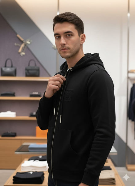 Classic Black Zip-Up Hoodie with Embossed Logo