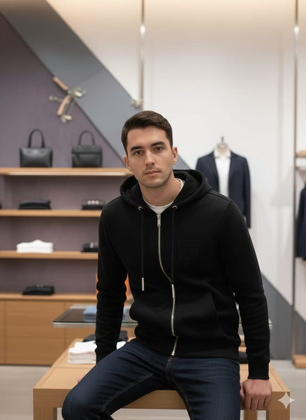 Classic Black Zip-Up Hoodie with Embossed Logo