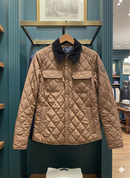 Classic Quilted Brown Jacket with Corduroy Collar – Premium Winter Wear