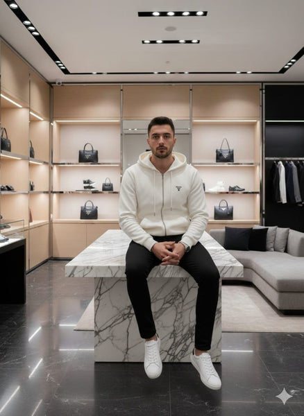 Luxury White Textured Zip-Up Hoodie