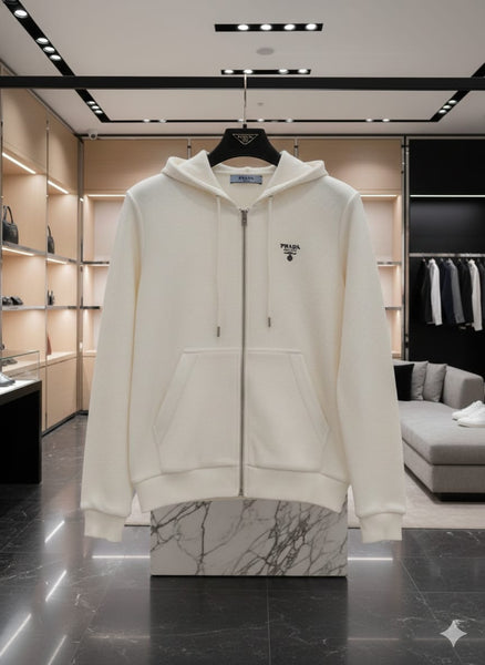 Luxury White Textured Zip-Up Hoodie