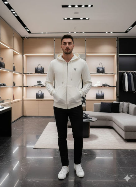 Luxury White Textured Zip-Up Hoodie