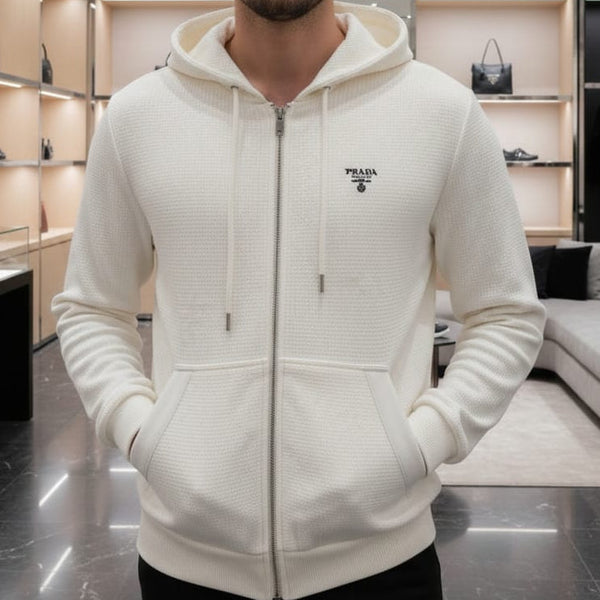 Luxury White Textured Zip-Up Hoodie