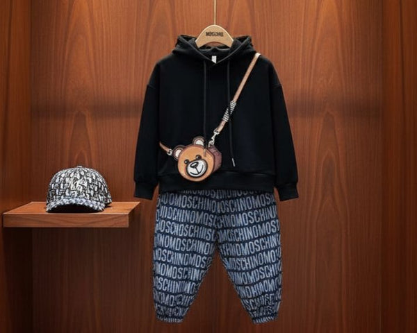 Cute Teddy Hoodie & Printed Jogger Set Stylish & Comfy for Kids
