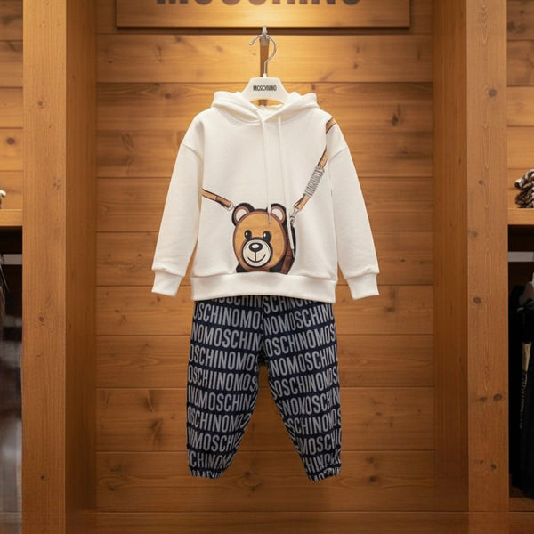 Cute Teddy Hoodie & Printed Jogger Set Stylish & Comfy for Kids