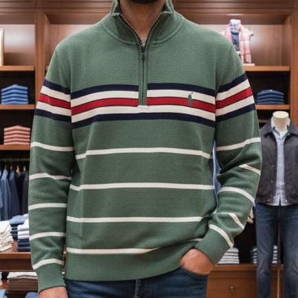 Classic Green Striped Half-Zip Pullover – Smart, Cozy & Stylish