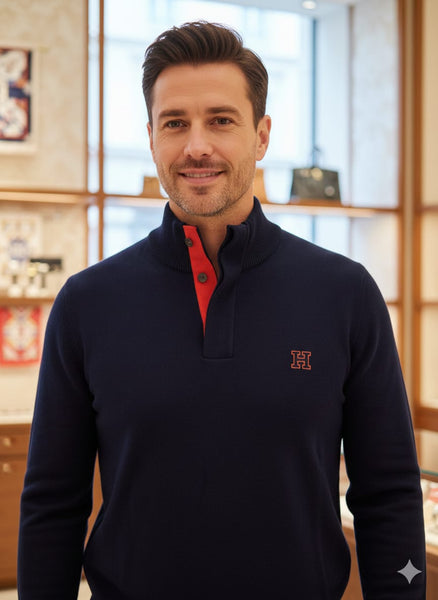 Classic Navy Blue  Knit Pullover with Contrast Collar Detailing