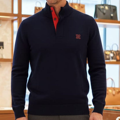 Classic Navy Blue  Knit Pullover with Contrast Collar Detailing