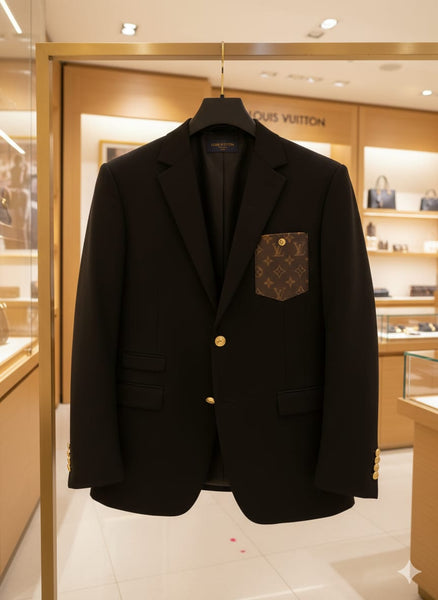 Luxury Black Blazer with Signature Monogram Pocket