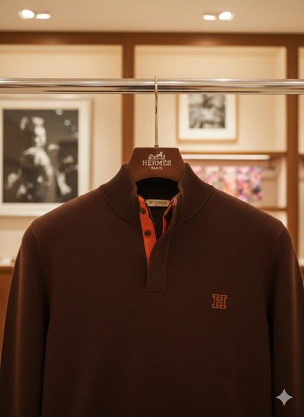 Classic Brown Knit Pullover with Contrast Collar Detailing