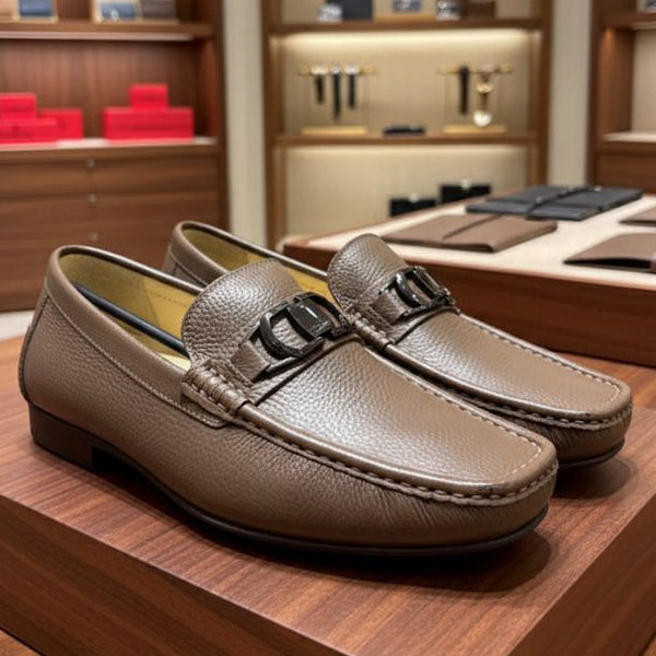 Luxury  Brown Leather Loafers with Signature Metal Logo