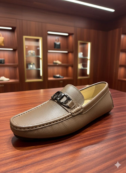 Luxury  Brown Leather Loafers with Signature Metal Logo