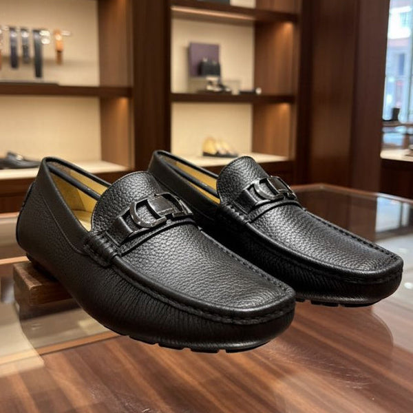 Premium Black Leather Loafers with Signature Metal Detail