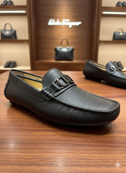 Premium Black Leather Loafers with Signature Metal Detail