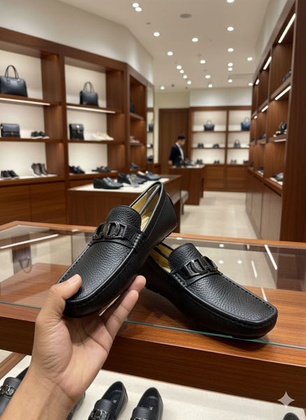 Premium Black Leather Loafers with Signature Metal Detail