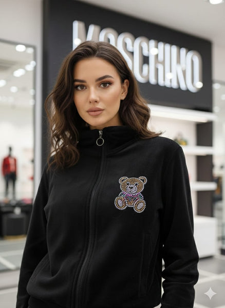 Stylish Black Bear Print Track Set for Women