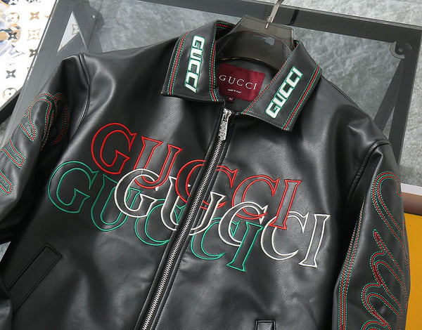 Premium Black Leather Look Jacket with Bold Multi-Color Embroidery