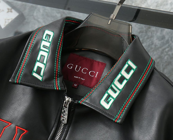 Premium Black Leather Look Jacket with Bold Multi-Color Embroidery