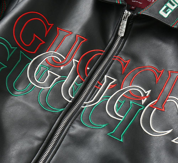 Premium Black Leather Look Jacket with Bold Multi-Color Embroidery