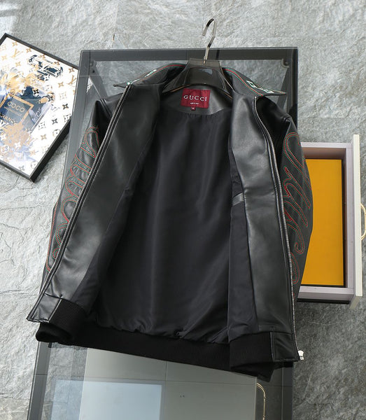 Premium Black Leather Look Jacket with Bold Multi-Color Embroidery