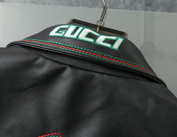Premium Black Leather Look Jacket with Bold Multi-Color Embroidery
