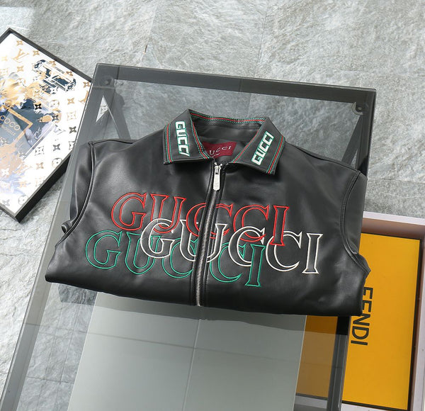 Premium Black Leather Look Jacket with Bold Multi-Color Embroidery