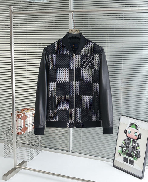 Premium Checkered Bomber Jacket with Leather Sleeves